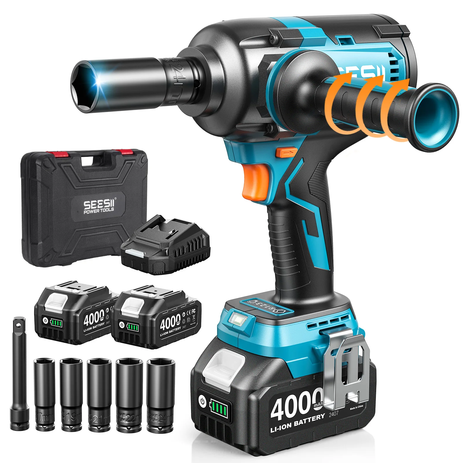 

Seesii 1200N.m Electric Impact Wrench with Detachable Side Handle 1/2" Cordless 21V High Torque Impact Driver Gun 2x4.0Ah Batteries