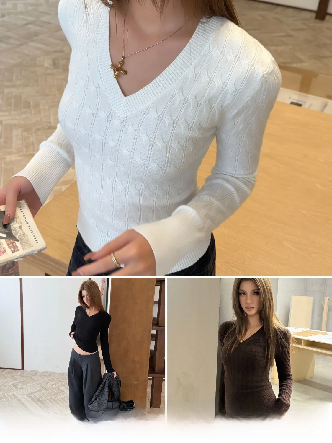 

Audwyn Women's Slim Fit Knitted Sweater V-Ne Tassel Pure Color Versatile Long Sve Street Sle Polyester Blend Autumn Top