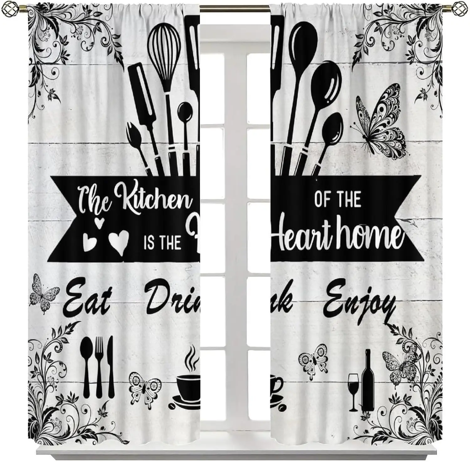 Kitchen Quote Curtain Panels, White Wood Kitchenware Butterfly Floral Quote Print Drapes for Kitchen Window Farmhouse Home Decor