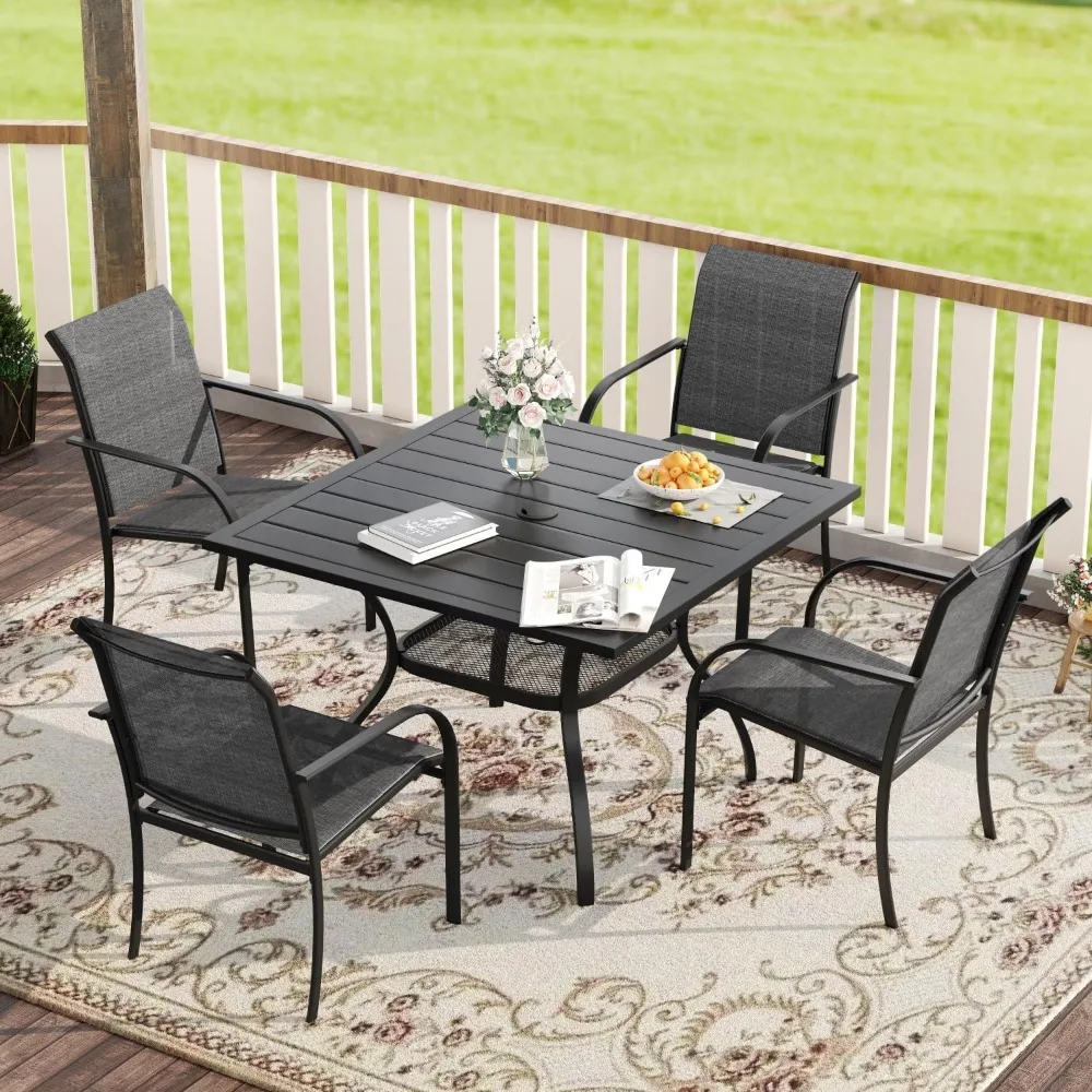 

5 Pieces Patio Dining Set, Outdoor Furniture Set Includes 1 Square Outdoor Table and 4 Stackable Patio Sling Chairs, Black Tabl
