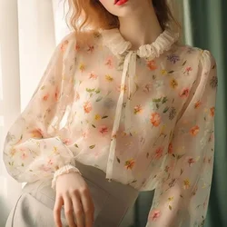 2024 Spring and Summer New Sweet Chic Chiffon Blouse Spliced Ruffled Neck Drawstring Loose Printed Lantern Sleeve Women's Shirts