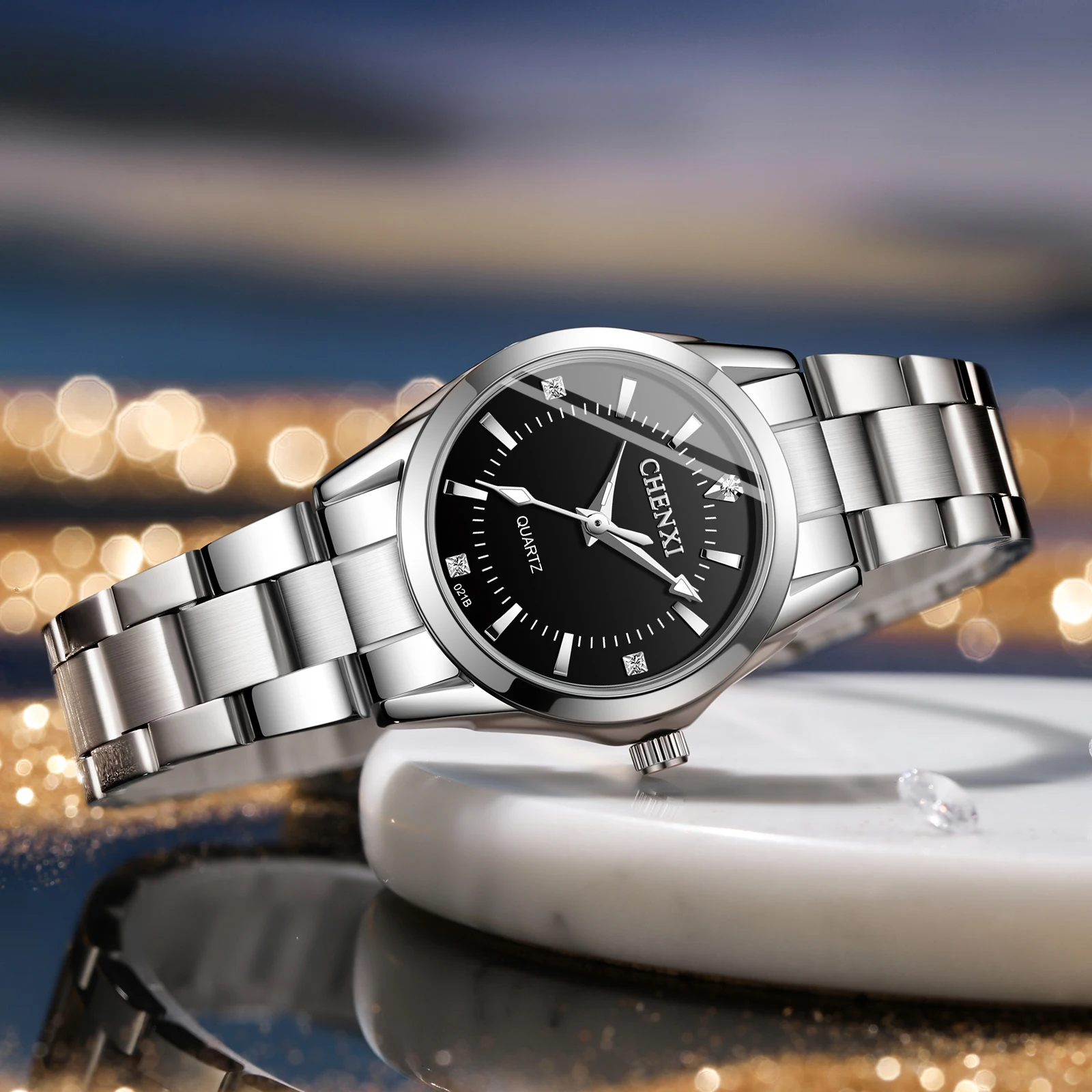 CHENXI 021B หรูหราแฟชั่นเหล็กควอตซ์นาฬิกาสําหรับสุภาพสตรีสร้อยข้อมือกันน้ําเพชรนาฬิกาสําหรับแฟน