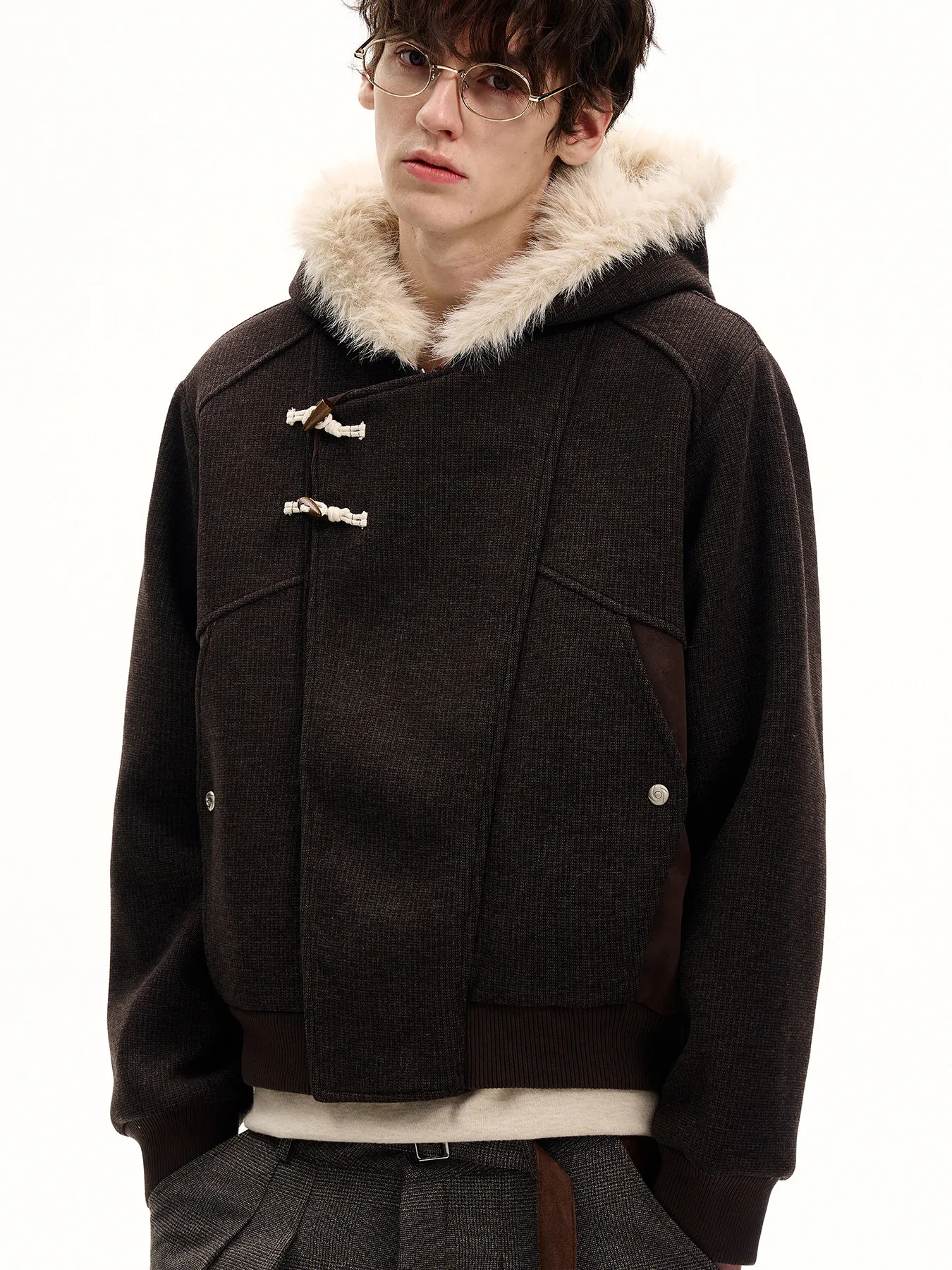 

Retro American Sle Cotton Jaet with Horn Buttons ex Hooded Winter Outerwear Youth Faion Warm Long Sve Coat