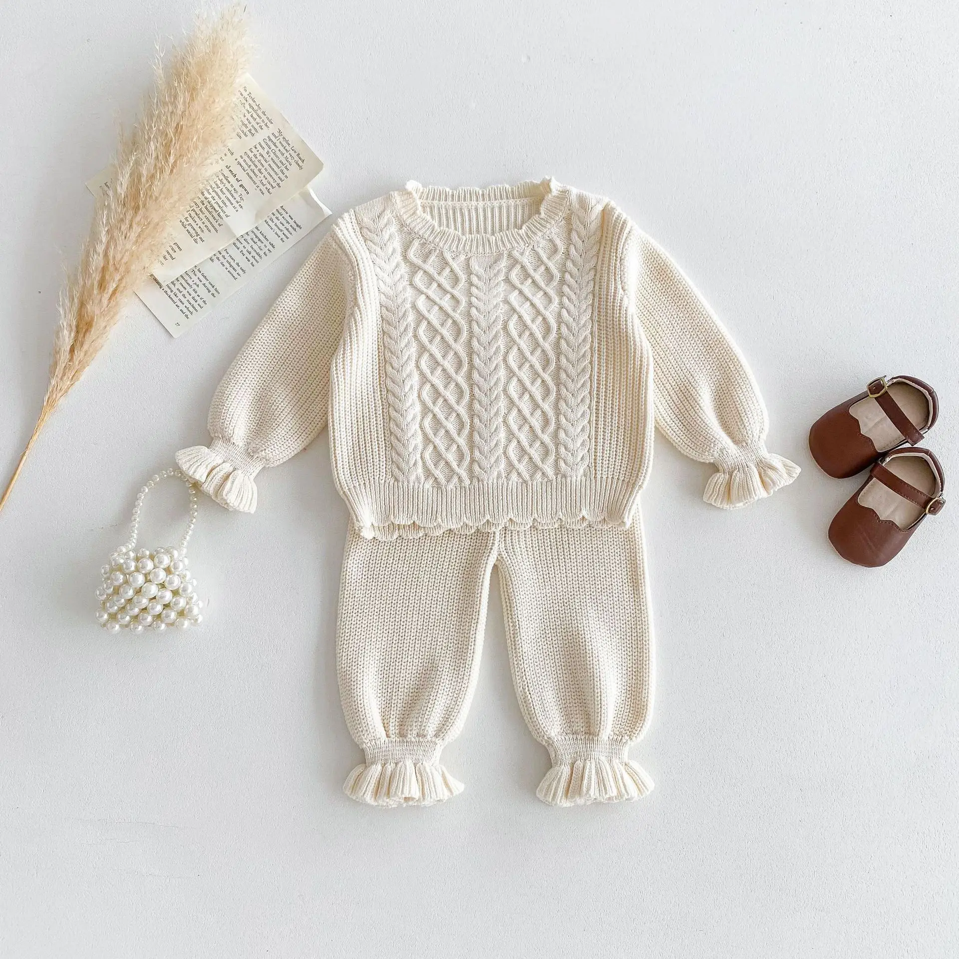 

Autumn New Girls Solid Vintage Sweater + Pants 2pcs Suit Winter Warm Knitted Clothes Set Baby Girl Casual Pullover Kids Outfits