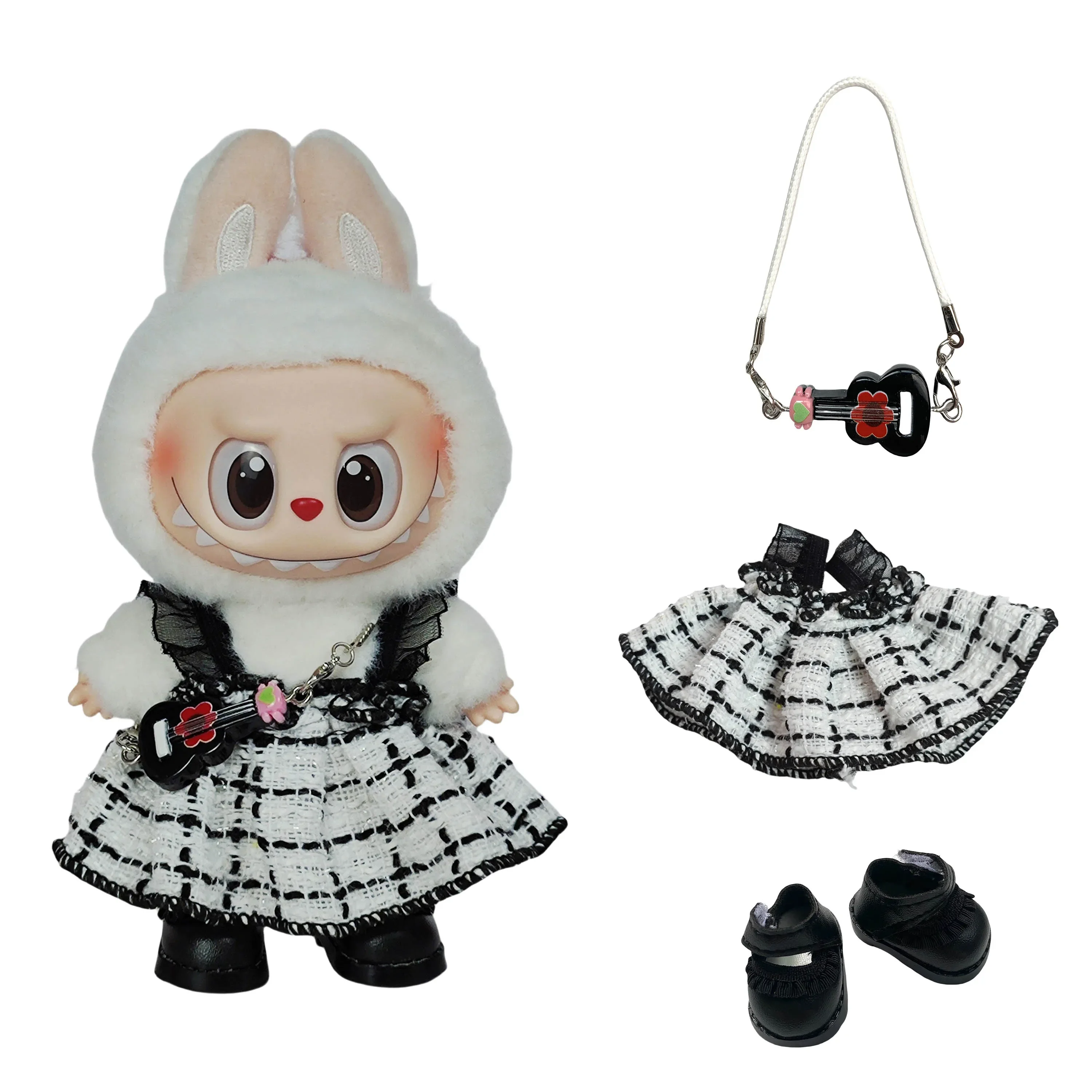 Clothes for Labubu   Hanging Outfits - Sitting Doll White Patchwork Plaid Pinafore Dress (Chanel-style)