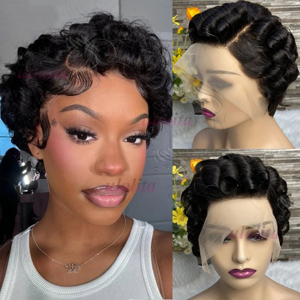 

Короткие глубокие вьющиеся парики пикси 13x4 Кружевной фронтальный парик Натуральный бордовый цвет пианино Парики из человеческих волос для чернокожих женщин Perruque Catalin