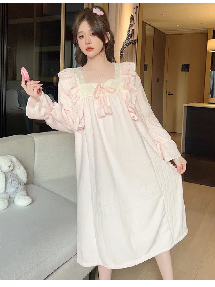 Winter Warm Sleepwear Princess Style Women\'s Flannel Nightgown Homewear Soft Coral Velvet Court Pajama Solid Loose Sleep Dress