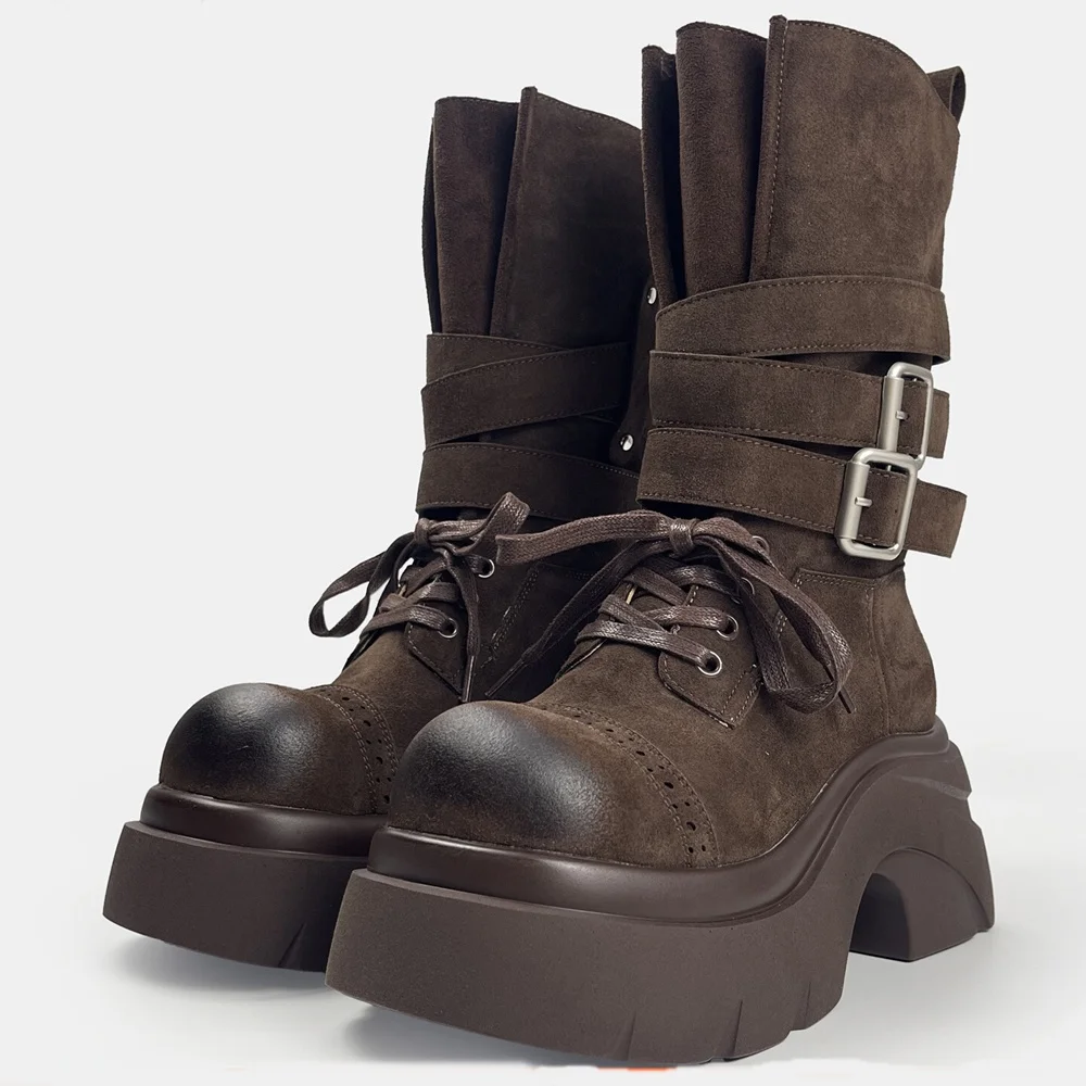 

Metal Buckle Belt Oversized Toe Ankle Boots Sexy Round Toe Thick Heel Suede New Arrivals Fashion Women Modern Boots
