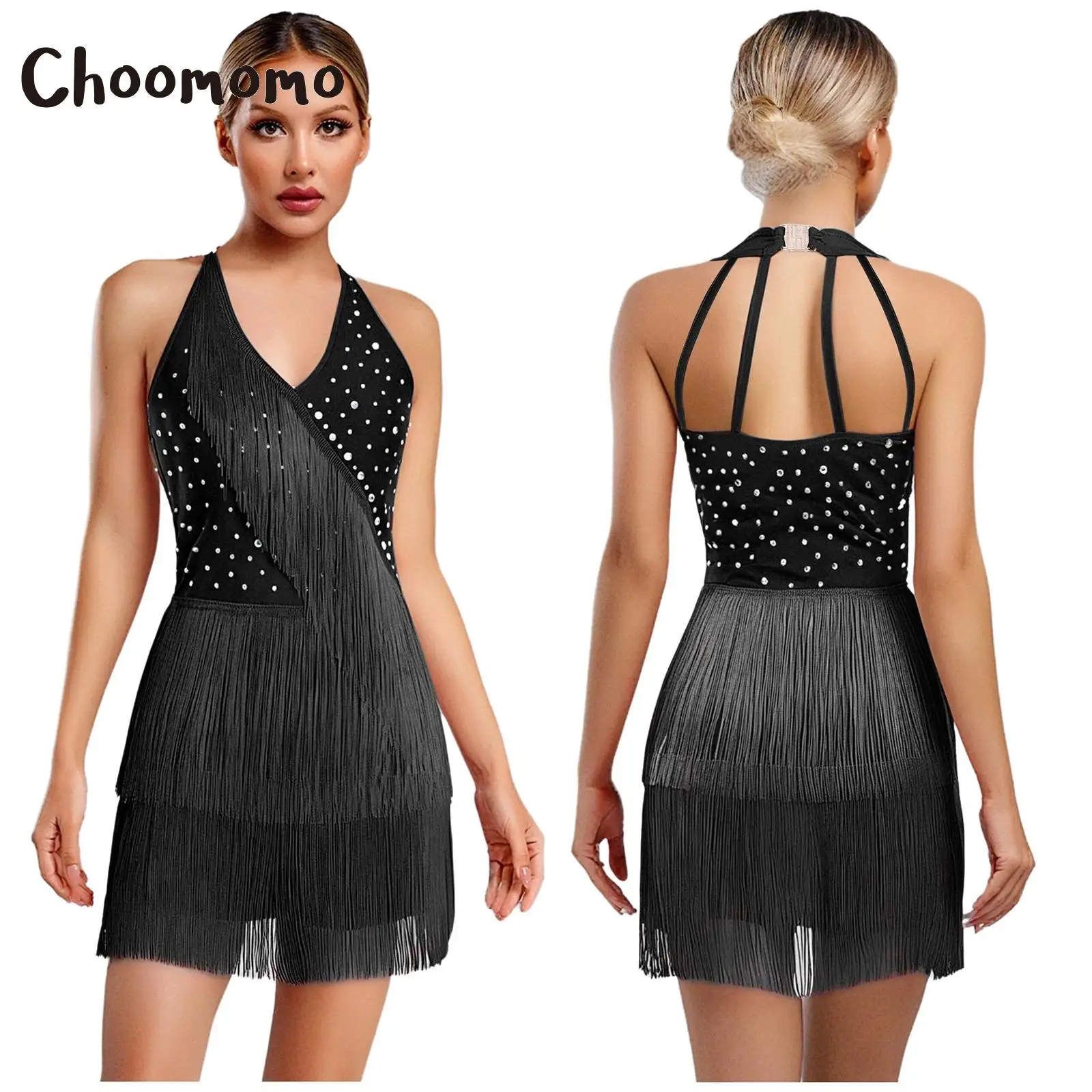 

Women Rhinestone Halter Sleeveless Fringed Bodysuit Tassel Latin Dance Leotard Jumpsuit Skating Tango Cha-Cha Salsa Dance Costum