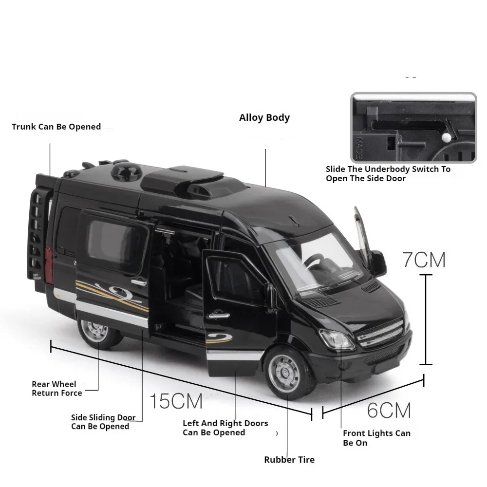 Modelo de coche de juguete RV Sprinter 1/32, luz de sonido de fundición a presión de aleación, rueda trasera, función de retroceso, juguetes, modelos de vehículos, regalos de colección