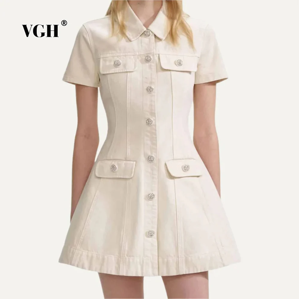 

VGH Cute Slimming Spliced Pocket Solid Mini Dresses For Women Laple Short Sleeve High Wasit Summer Casual Dress Female Fashion