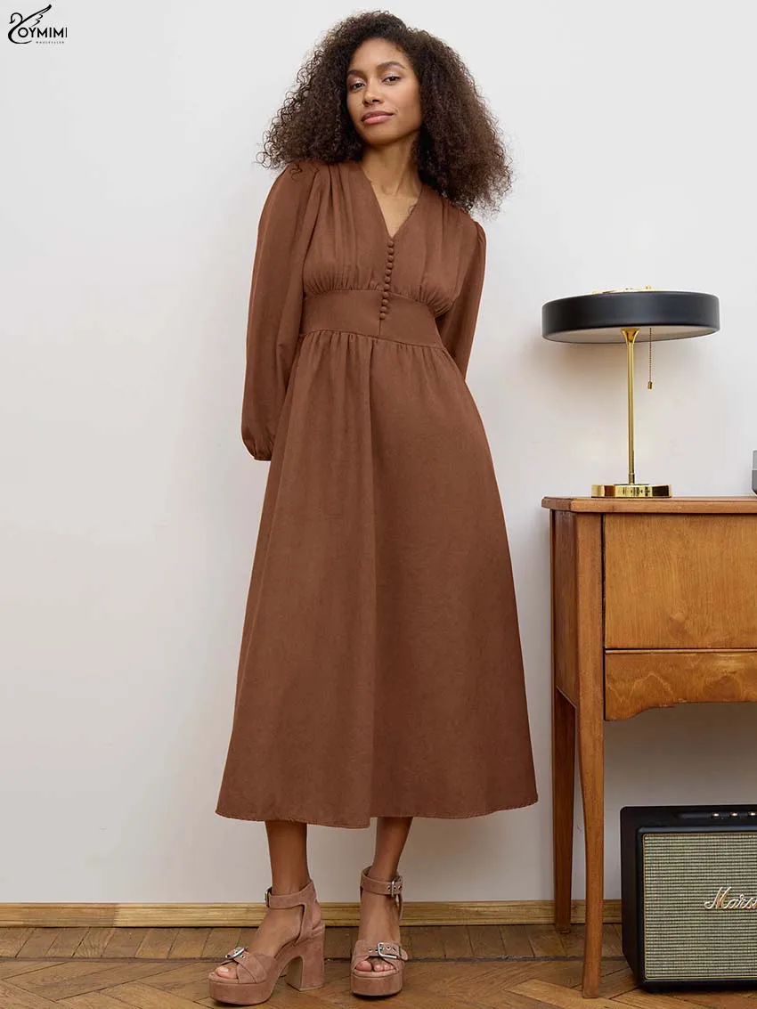 

Oymimi Elegant Brown Cotton Dresses 2025 Woman Fashion V-Neck Wrist Sleeve Button Dresses Casual New High Waist Mid-Calf Dress