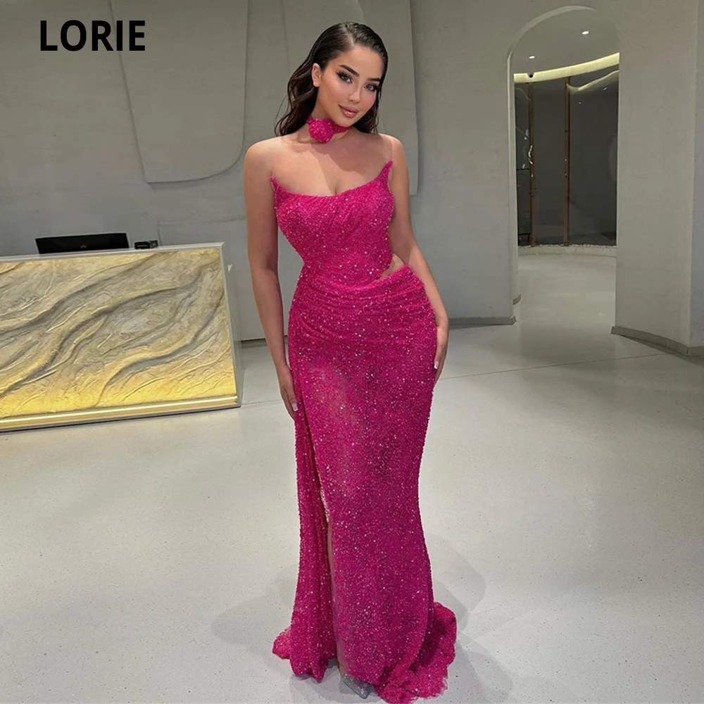 Lorie Fuchsia Pailletten Abendkleider träger los ärmel los hoch geschlitzt Dubai arabische Frauen formelle Abschluss ball Party Kleider Robe de Soiree