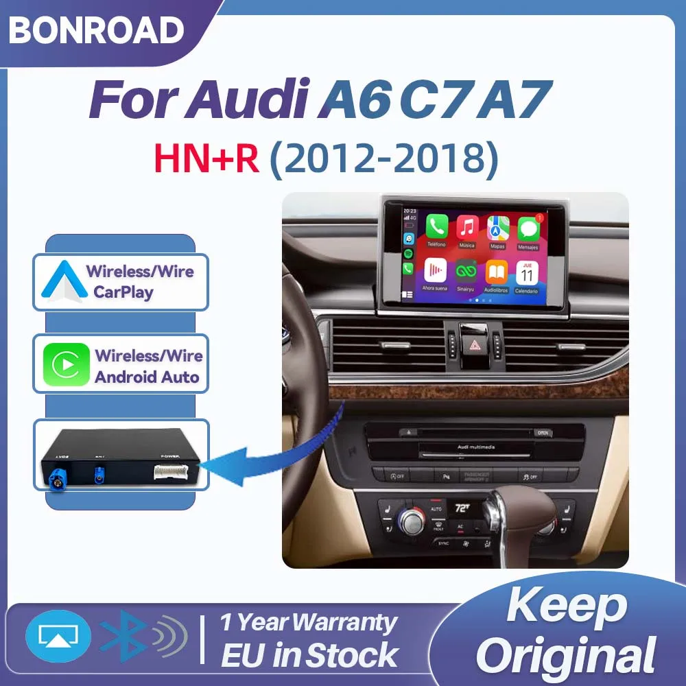 BONROAD Bezprzewodowy Moduł CarPlay Android Auto Retrofit, Oryginalny Interfejs Ulepszający do Audi A6 A7 z Systemem HN+R, Obsługa Mirror Link, Bluetooth, Zestaw Głośnomówiący, Nawigacja Online,
