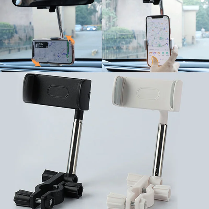 Car Rearview Mirror Phone Bracket GPS Stand High Quality 360° Rotatable Retractable Hanging Holder Auto Interior Accessories