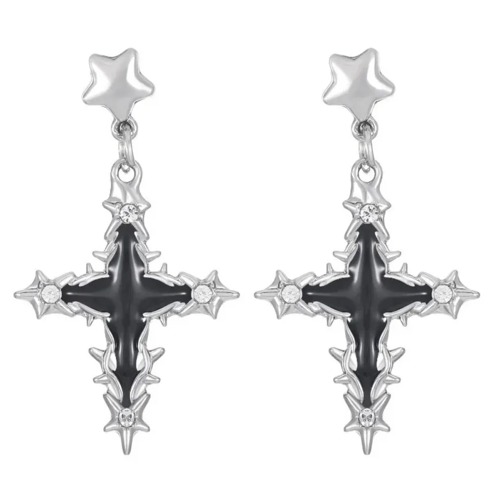 High End Temperament Punk Niche Five Pointed Star Cross Earrings Sweet Cool Dazzling Fashion Jewelry