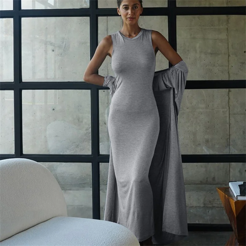 Women Grey Sleeveless Dress Long Cardigan 2 Piece Set 2025 Spring Summer O-Neck Straight Dresses and Robe Suit