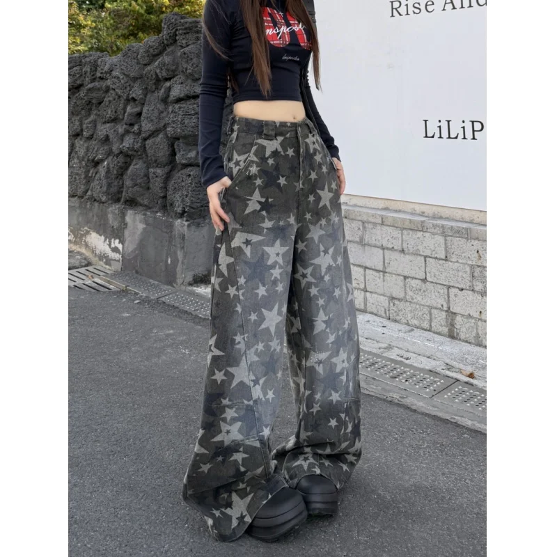 Calça jeans feminina com estampa de estrelas vintage, perna larga, cintura alta, solta, banana, curvada