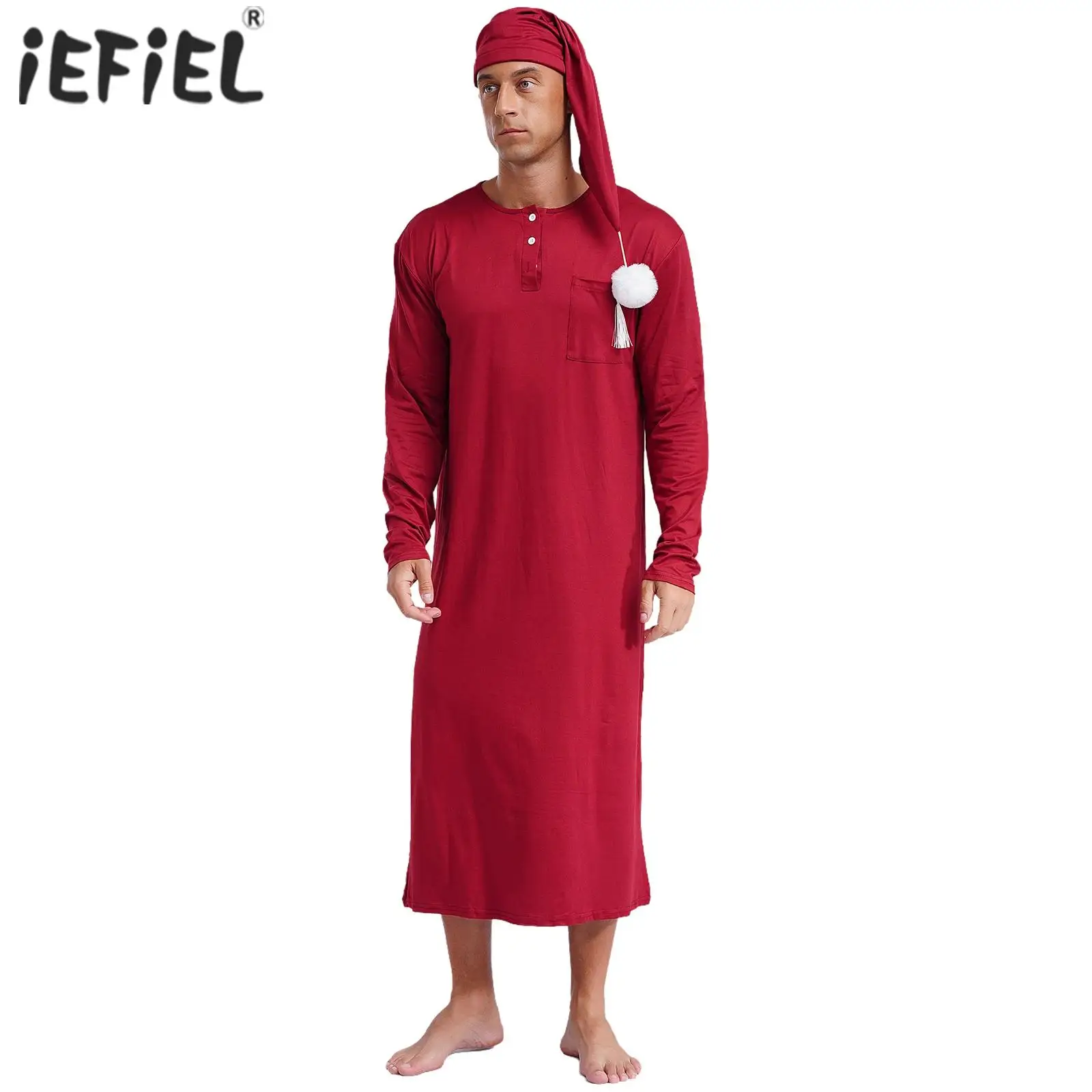 Mens Sleep Robe with Hat Round Neck Long Sleeve Long Robe Pointed Hat with Pom-pom Loose Loungewear Sissy Nightwear Sleeowear