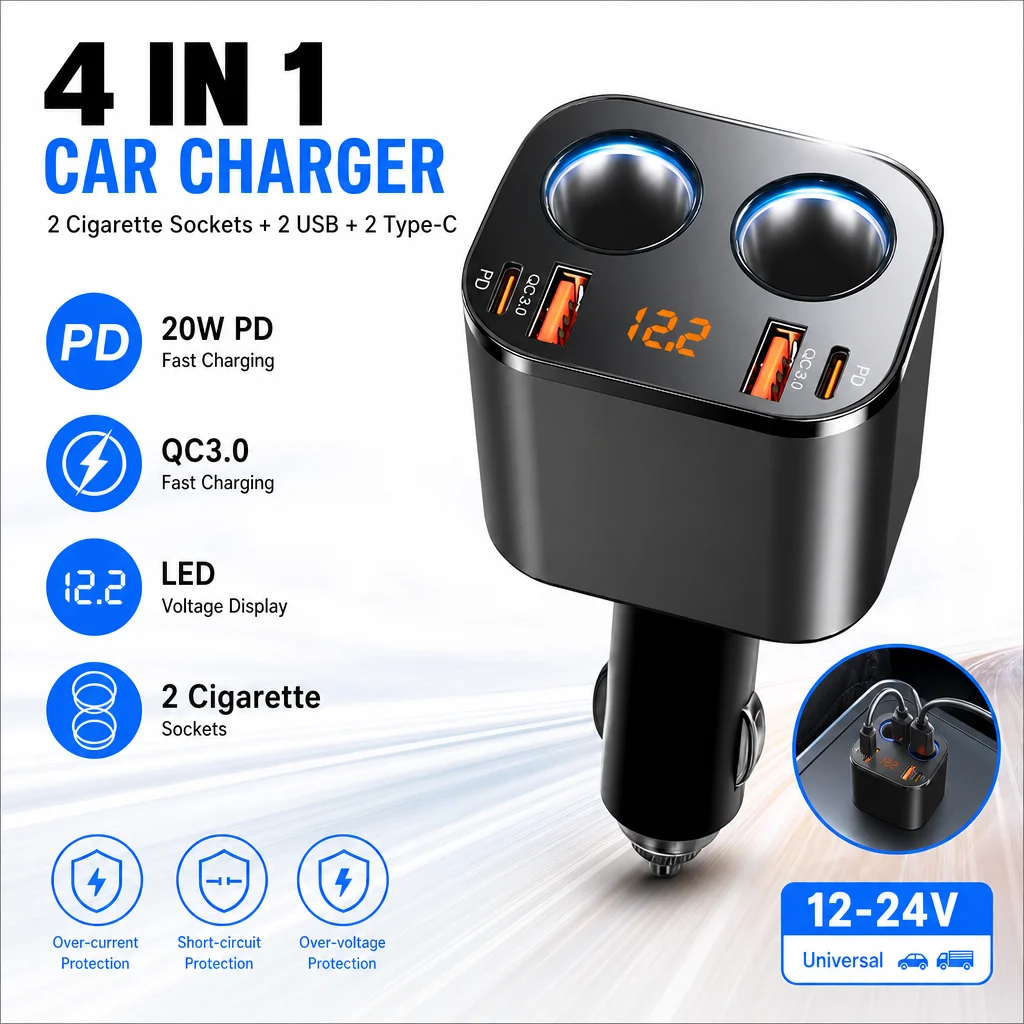 100W Car Charger PD QC3.0 Cigarette Lighter Socket 3Ports Super Fast Charging USB Type-C Power Adapter Car Accessories