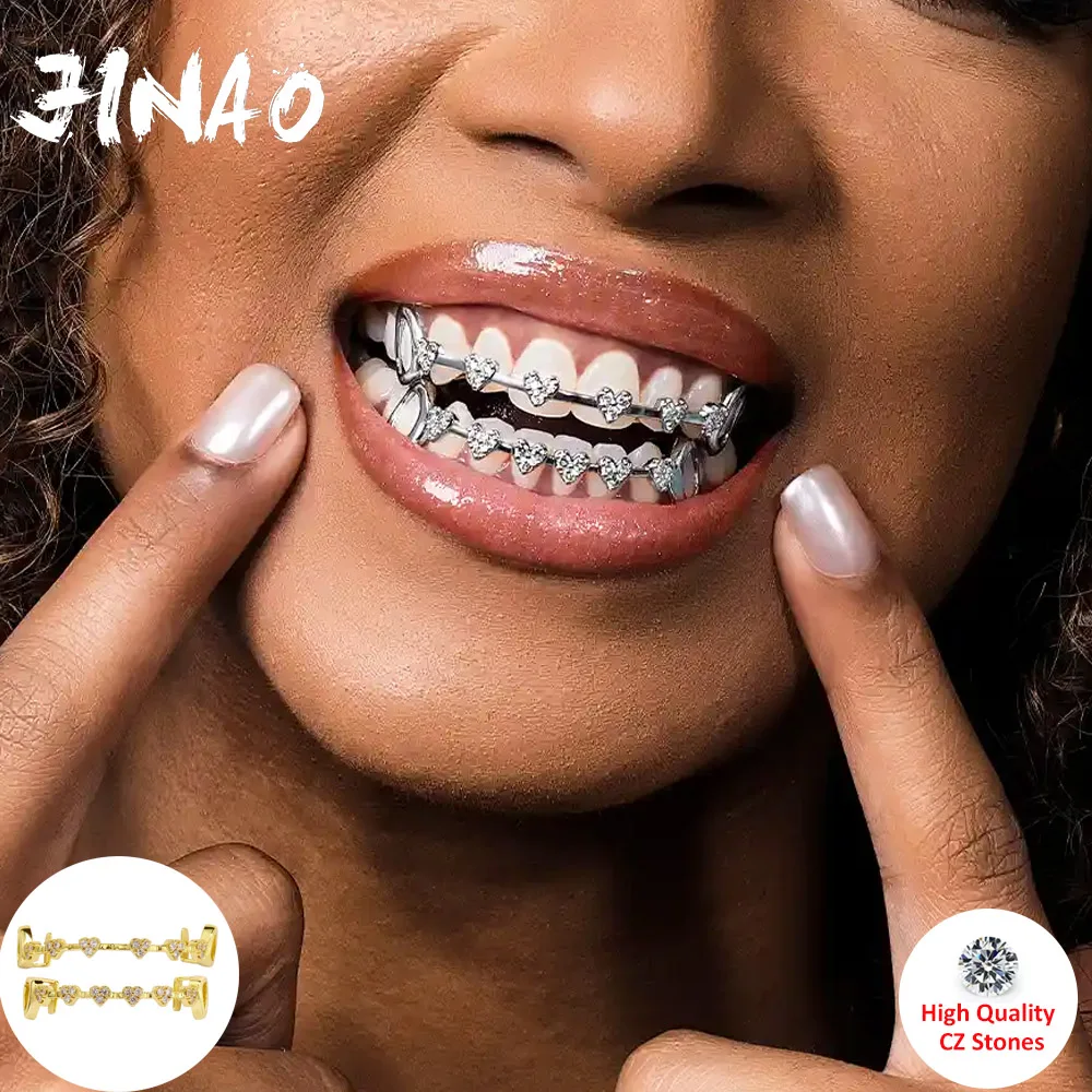 JINAO 2025 Hip Hop Full Iced Out 8 Teeth Heart Love Set Grillz Men Women Top&Bottom Grill Punk Rapper Halloween FLame Cosplay