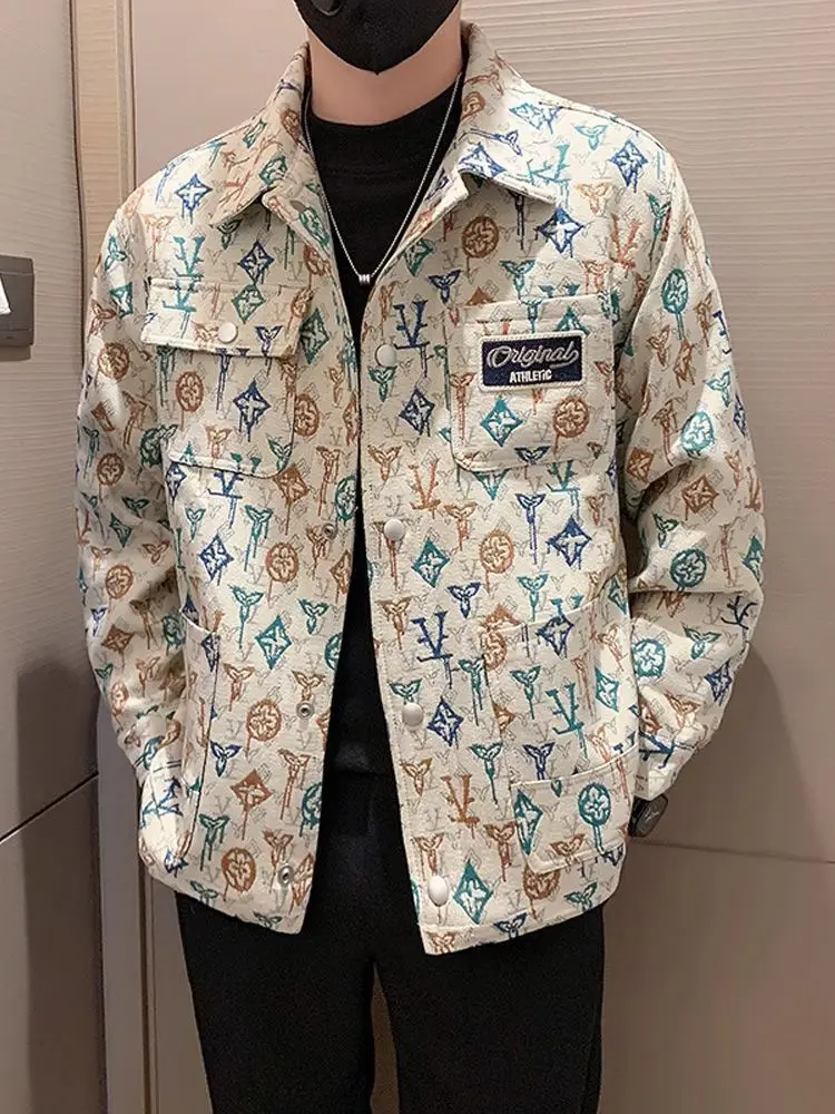 Men's Jacket Autumn New Korean Yarn-dyed Jacquard Ethnic Style Loose Casual Top Jacket