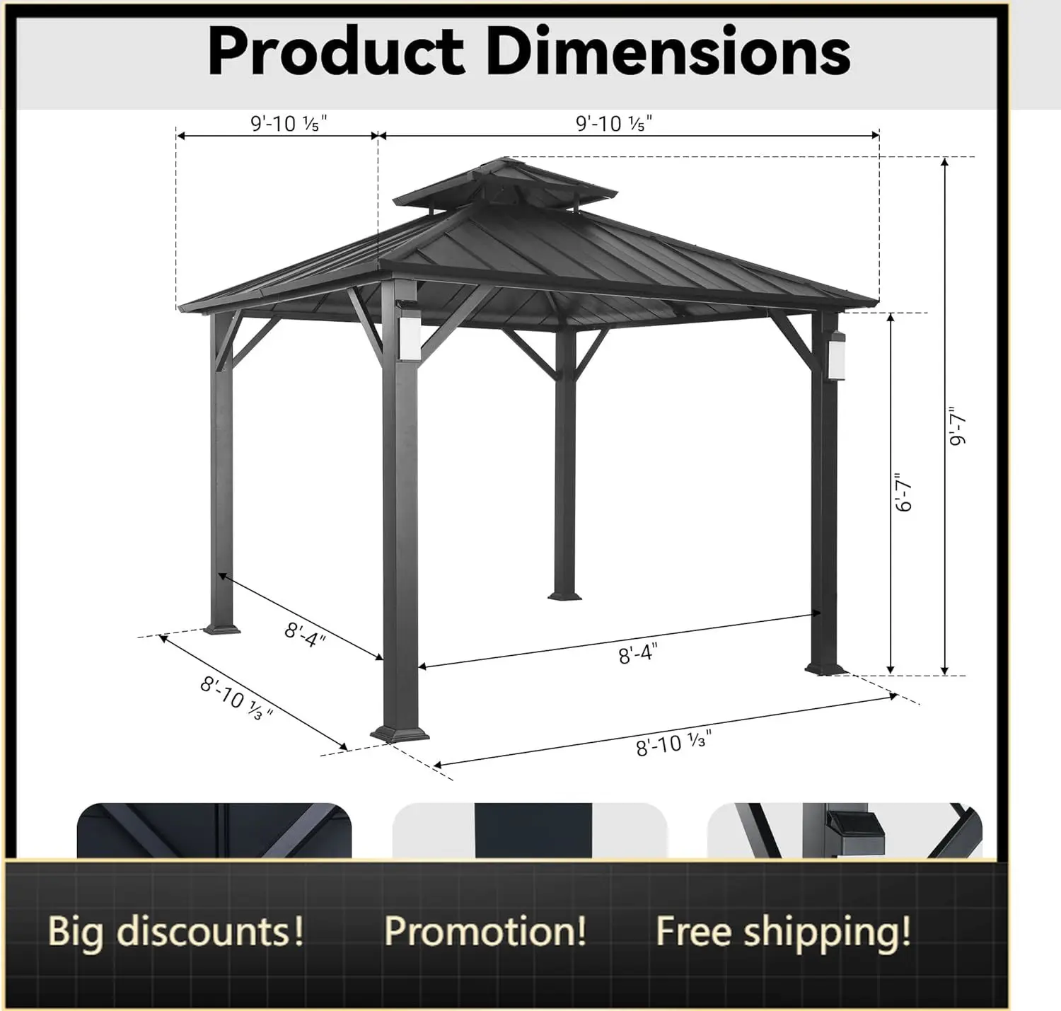 

Modern Shade Hardtop Gazebo 10' x 10' with 4 LED Lights, Permanent Metal Gazebo with Galvanized Steel Double Roof & Mosquito Net