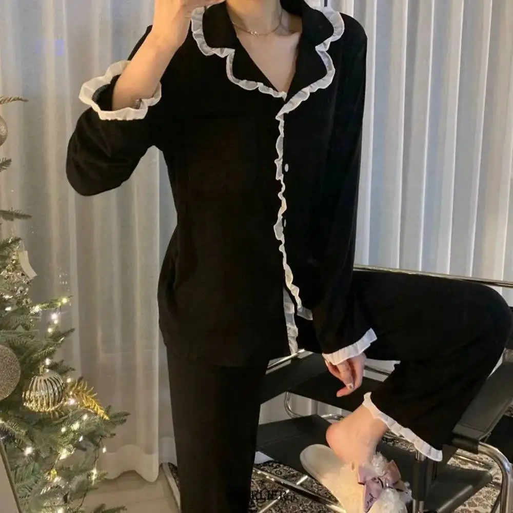 Plus Size 6XL 150KG Women Autumn Sleepwear Turn Down Neck Long Sleeve Pajamas Sets Large Women Top and Pants Big Size HomeWear