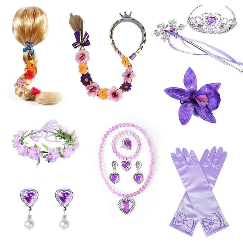 

Rapunzel Princess Accessories Gloves Wand Crown Jewelry Set Kid Wig Necklace Braid for Princess Dress Clothing Cosplay Dress UP