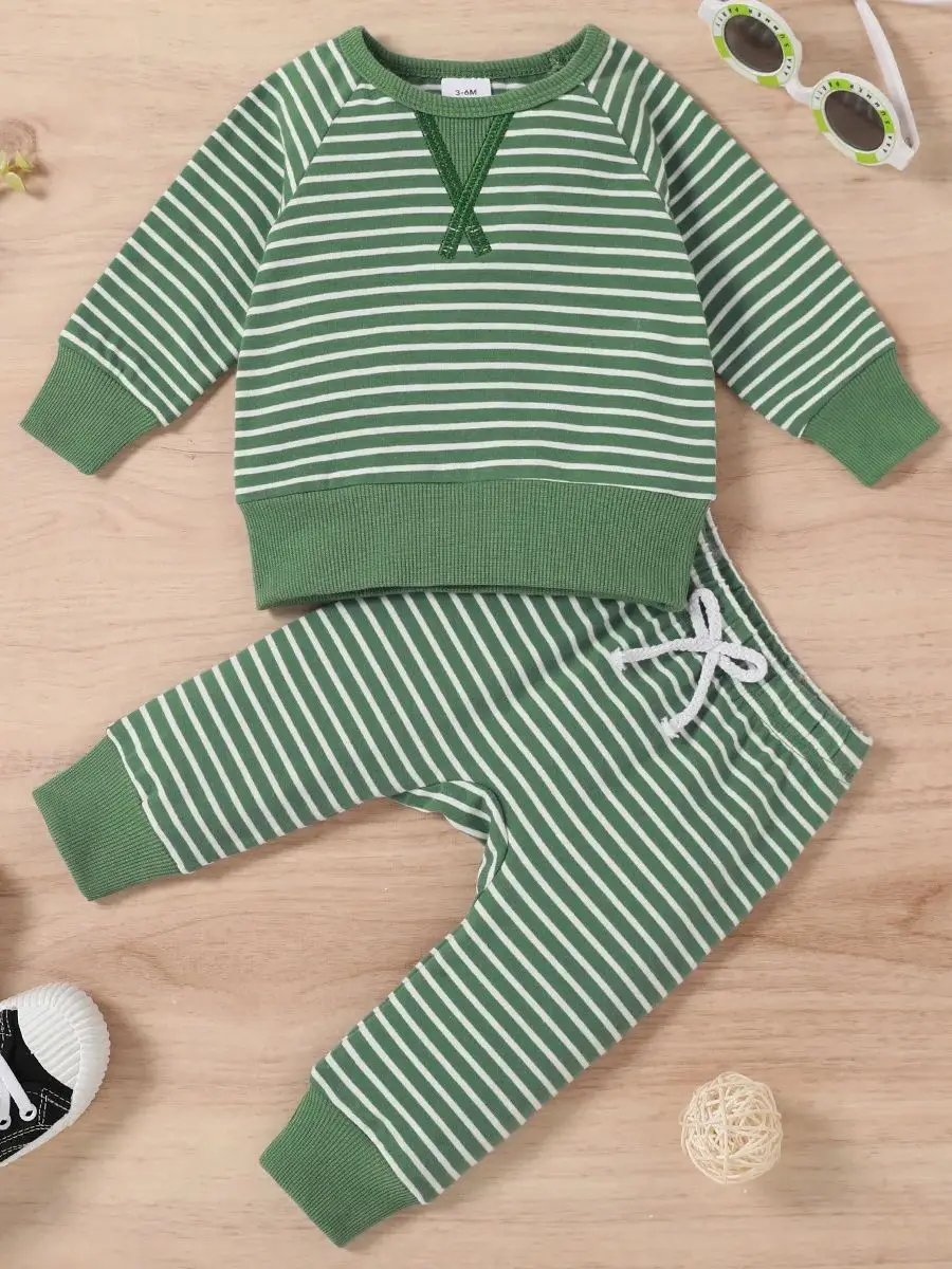 0-3 year old baby boys and girls spring and autumn striped patchwork long sleeved top+elastic waist pants fashionable two-piece