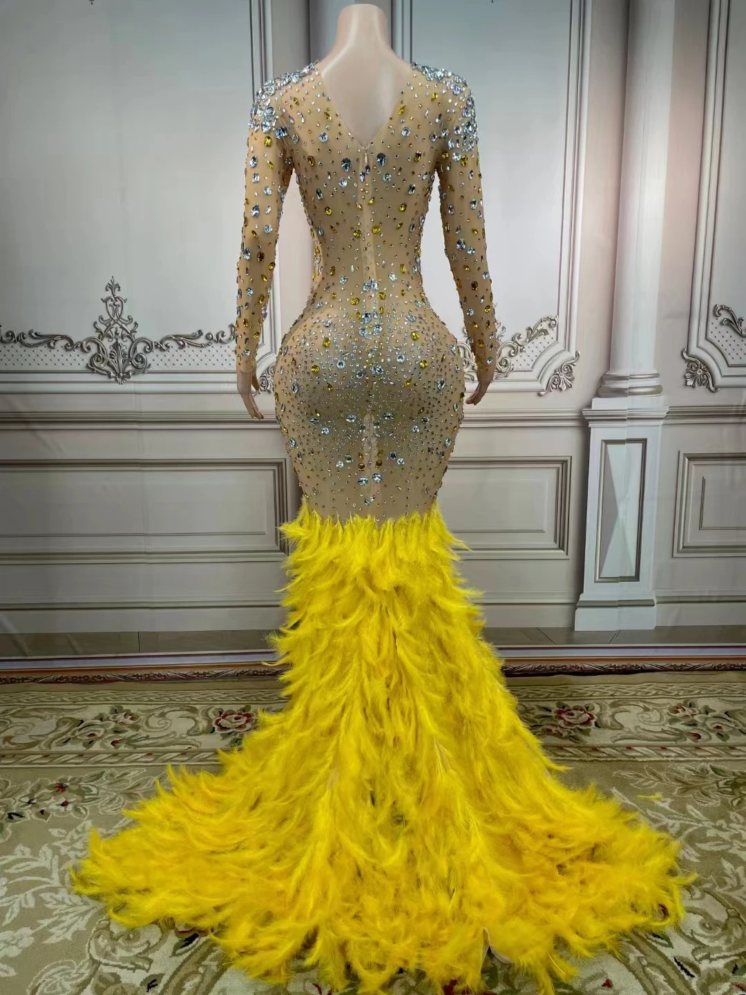 Stage Sparkly Rhinestones Mesh Yellow Feather Dress Prom Gown Evening See Through Crystals Birthday Dress Club Party Show Dress