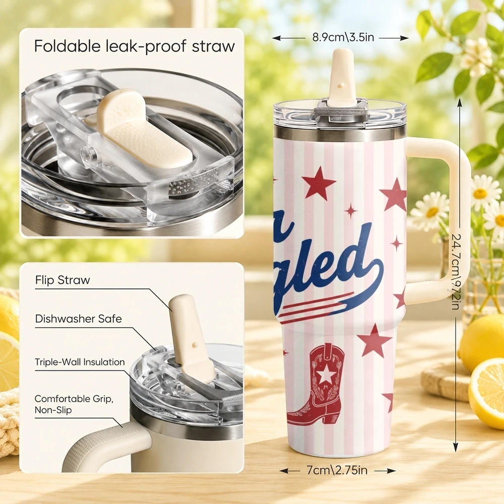 Celebrating Freedom Vacuum Flasks 40oz Stainless Steel Tumbler with Handle Straw Lid Vacuum Insulated Double Wall Leak Proof