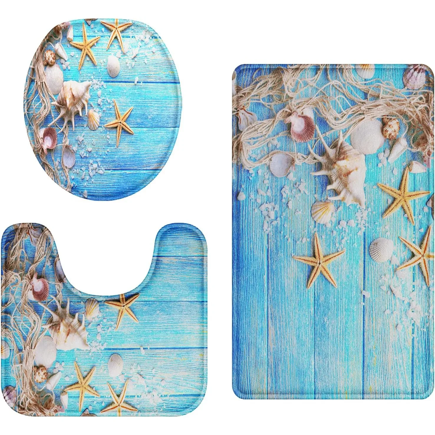 

Sea Seashell Bathroom Rug Set of 3 Coastal Nautical 3 Pieces Bath Mats Set Beach Series Blue Shells Cover Floor Rug Decorations