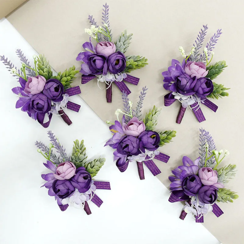 6pcs Wrist Flower And Corsage Set For Wedding Decoration, Classic Simulation Purple Rose Corsage For Groom Groomsmen Wedding