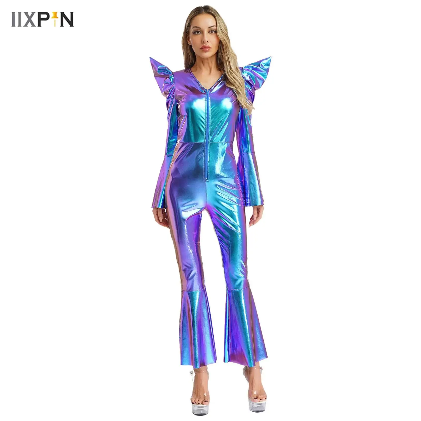

Women Shiny Metallic Disco Dance Jumpsuit Long Sleeves High Waist Front Zip Bell Bottom Hippie Romper Clubwear Halloween Costume