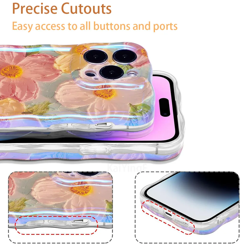 Stylowe etui na telefon iPhone 11 12 13 14 15 16 Pro Max Retro Oil Painting Flower Glossy Cute Floral Wave Border Exquisite Cover