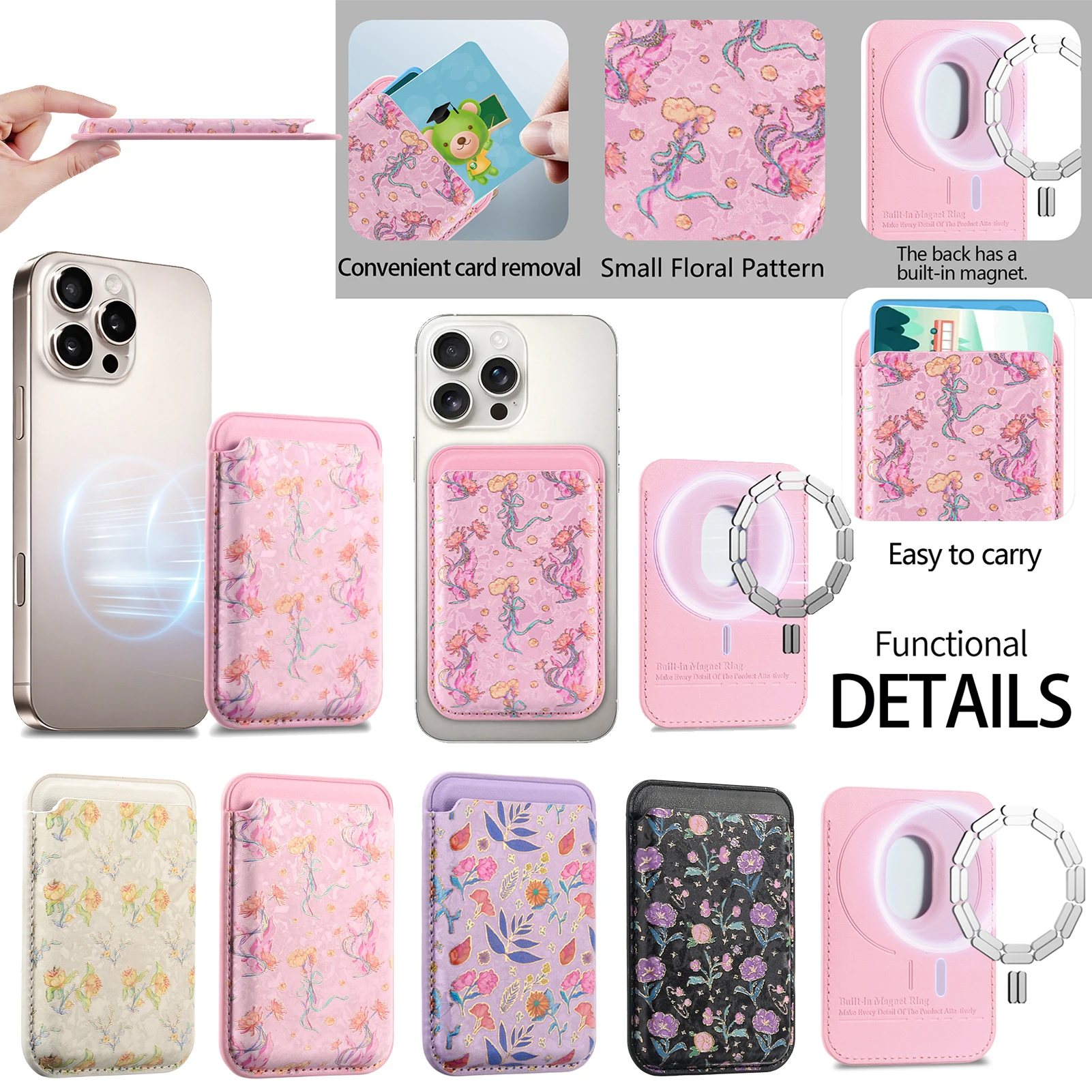 Blumenmuster PU-Leder Kartenetui, geeignet für MagSafe Magnetband, selbstklebender magnetischer Eisenring, Handyhülle, universelles Kartenetui