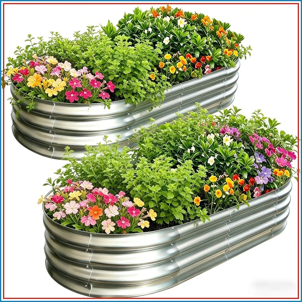 

6x3x1FT Galvanized Raised Garden Bed Kit, Oval Large Metal Planter Box for Vegetables, Fruits, Flowers, Easy Assembly, Silver, 2-Pack