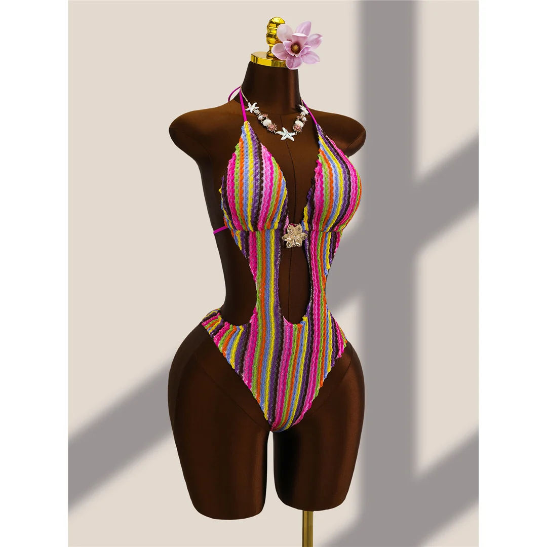 Gestreifter, farbenfroher, ausgeschnittener, einteiliger Badeanzug mit Neckholder für Damen, Monokini mit hohem Beinausschnitt, Badebekleidung, Badeanzug, Schwimmanzug V8304 – Detail 5