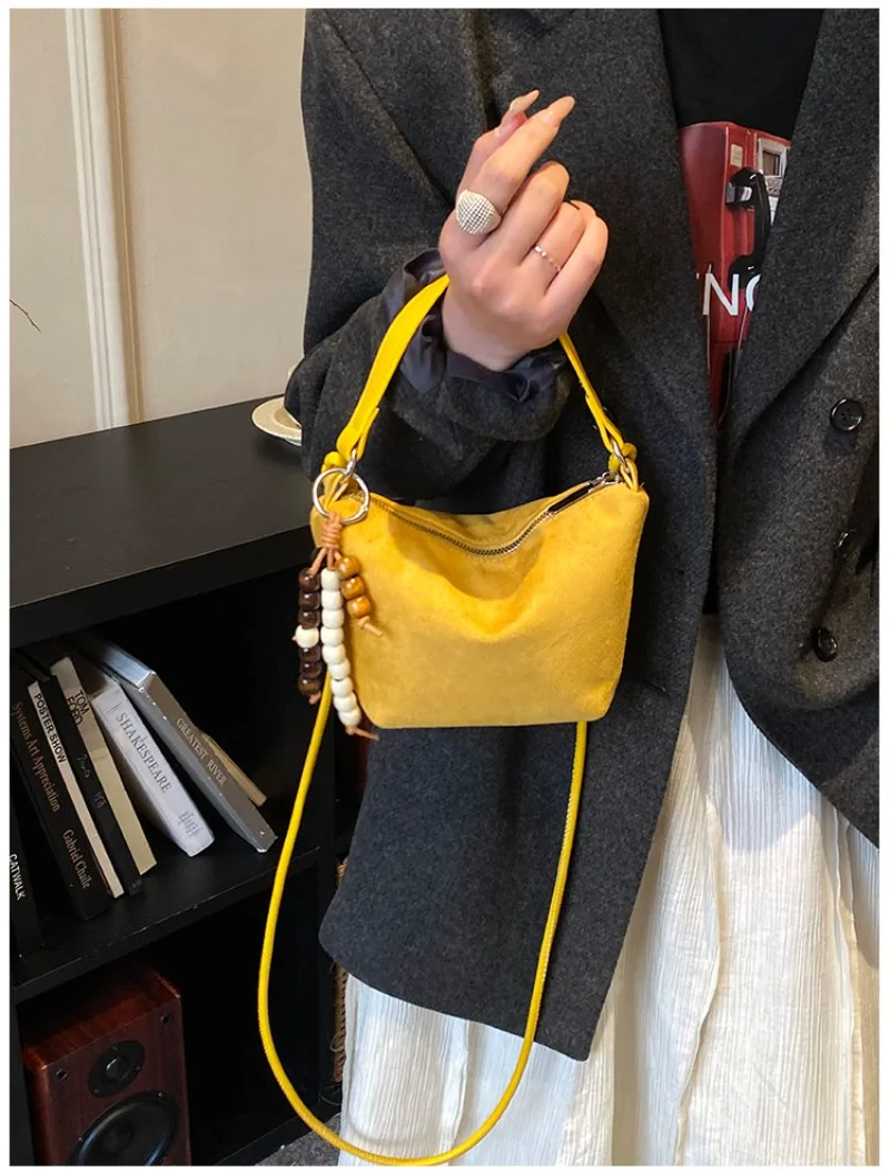 

Multi-Color Suede-Like Mini Handheld Bag, Hobo Purse with Beaded Detail, Compact Daily Use & Versatile Crossbody, Neutral Design