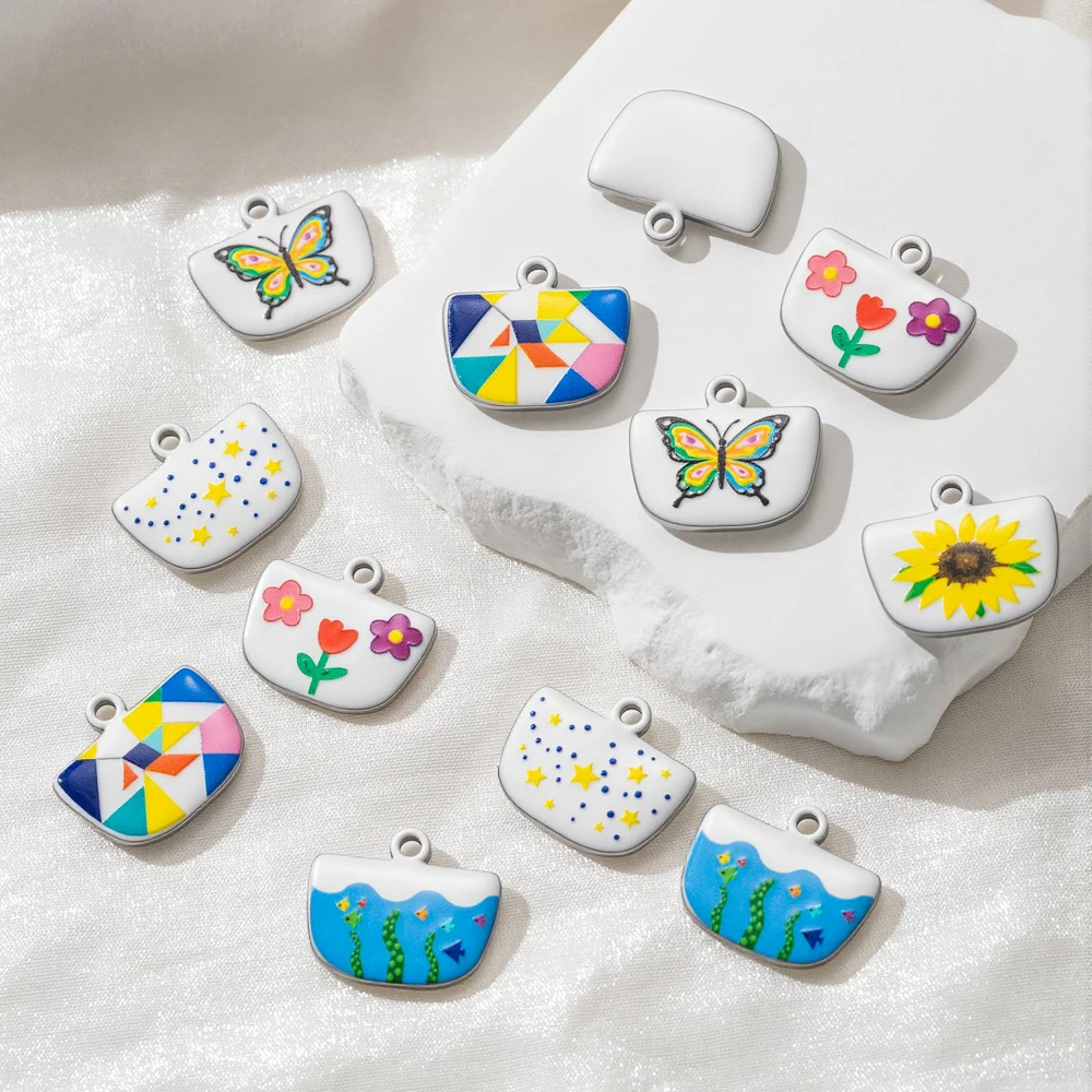 5 Stück Edelstahl-Emaille-Anhänger mit handgemalten Fisch-, Schmetterlings- und Blumenmotiven für DIY-Halsketten, Ohrringe und Schmuckherstellung. – Detail 1