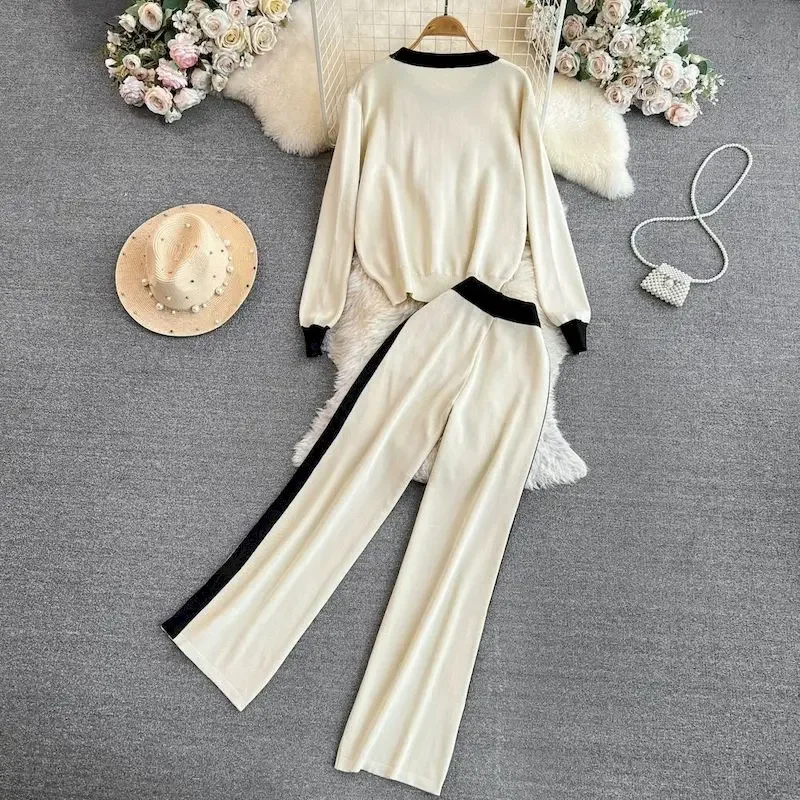 Elegant Embroidery Knitted 2 Piece Sets Women Fashion Long Sleeve Pullover Sweater+highWaist Wide Leg Pants Set Knitwears Suit