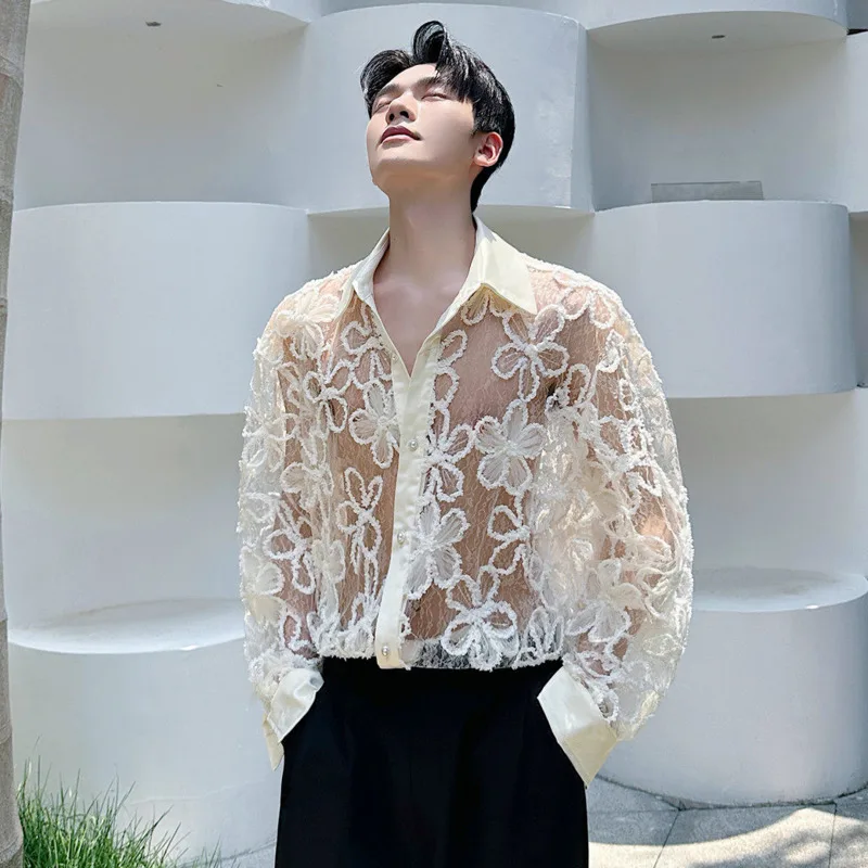 WVGA New Men's Summer Three-Dimensional Lace Flower Trendy Long Sleeved Shirt Personality Slightly Niche Chic Casual Tops W22915
