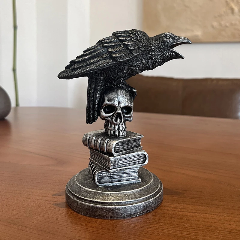 Raven On Skull Halloween Home Decor Gothic Crow On Skull Statue Bird Perching On Skeleton Figurine Resin Statue Home Craft Decor