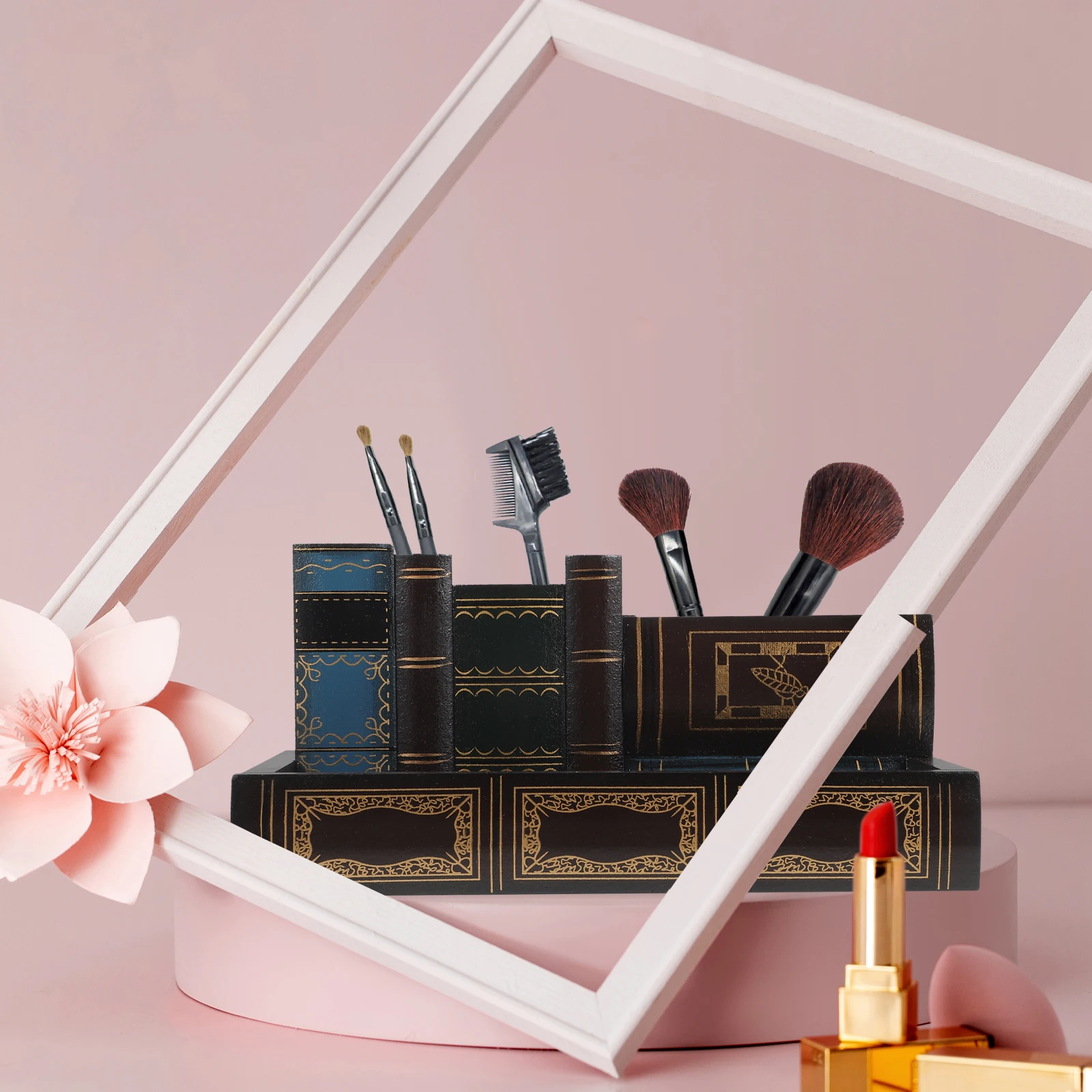 

Book Shape Pen Holder Storage Organizer Desktop Stationery Holder For Office Use Space-Saving Retro Style