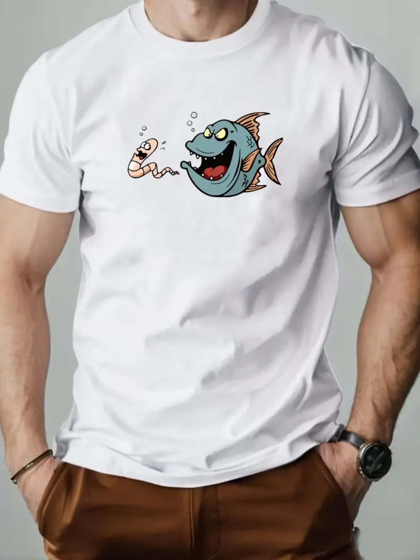 camiseta-masculina-com-estampa-divertida-de-peixe-cacando-minhoca-exclusiva-para-entusiastas-da-pesca-top-casual-respiravel-Unico-e-chamativo