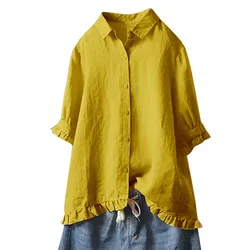 Women's Cotton And Linen shirt Solid Color lapel Button Up Shirt Upper Hem Short Sleeve Loose and casual Top Autumn Streetwear