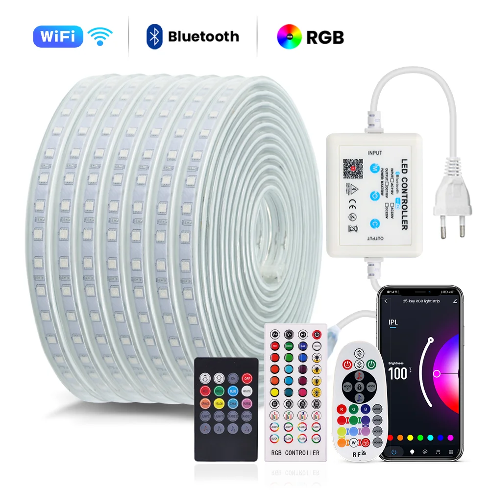 

EU 220V LED Strip Light Waterproof Smart WiFi Bluetooth Music Timing RGB LED Lights SMD5050 60Leds/m Flexible Ribbon Tape Decor