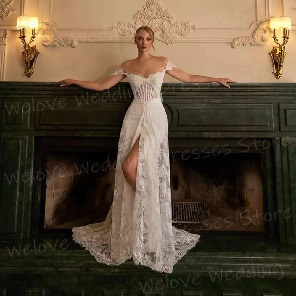 فساتين زفاف نسائية ساحرة حورية البحر أنيقة بدون أكتاف من الدانتيل رداء De Mariée فساتين العروس المخصصة بشق فيستدو دي نوفيا