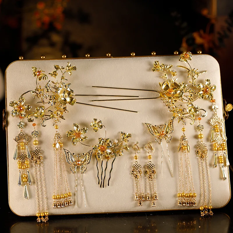 Golden Hairpin Hairpin Bridal Headdress New Chinese Xiuhe Cheongsam and Gown Han Chinese Clothing Hair Accessories Simple